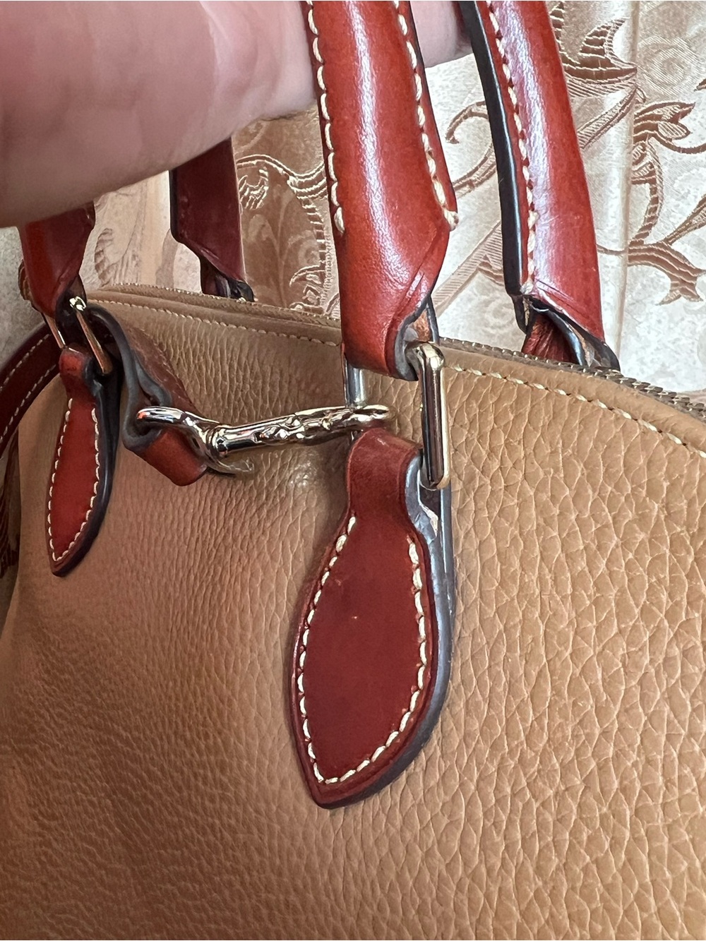 Dooney & Bourke Tan Pebble Leather Satchel crossbody with Brown Trim long strap - Picture 2 of 16